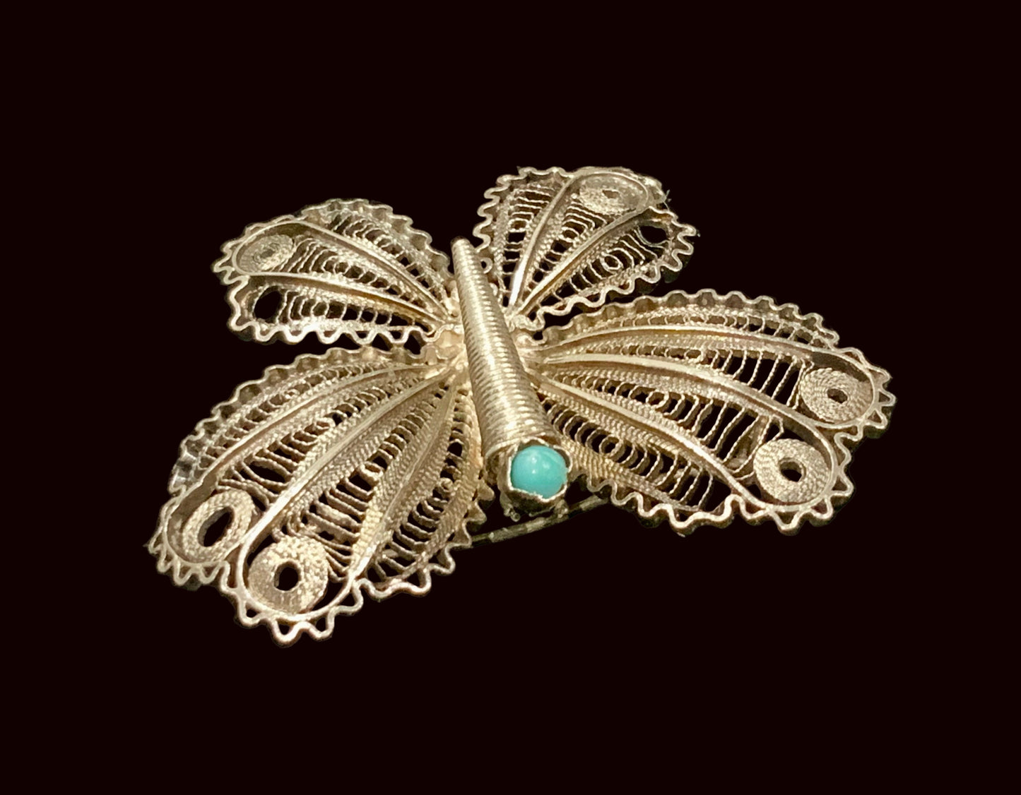 Antique Filigree 950 Sterling Silver Turquoise Butterfly Brooch Pin 5cm
