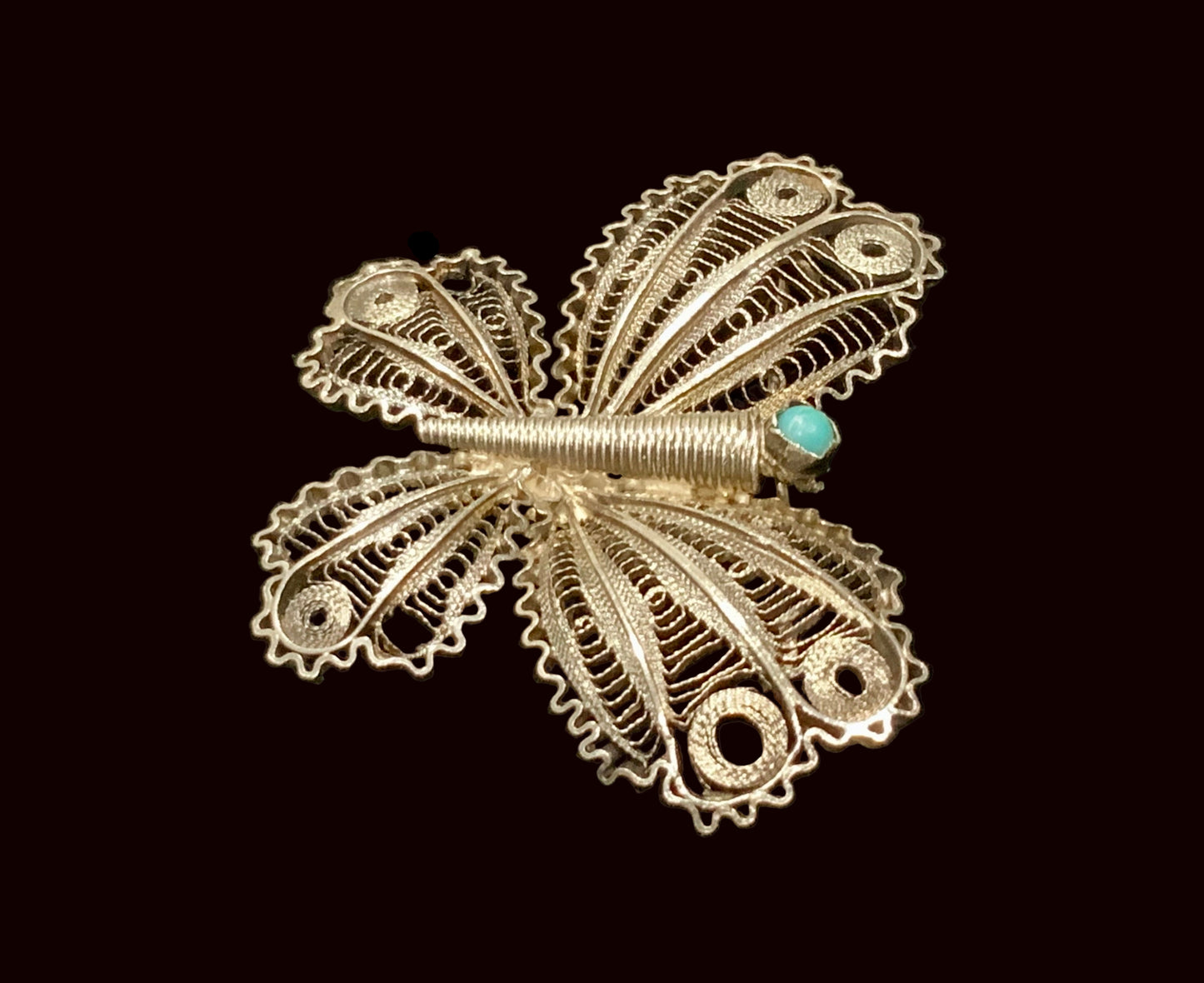 Antique Filigree 950 Sterling Silver Turquoise Butterfly Brooch Pin 5cm