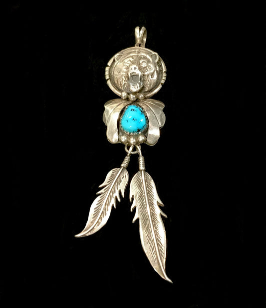 Navajo 925 Sterling Silver Turquoise Bear & Feather Pendant Necklace 9cm Signed
