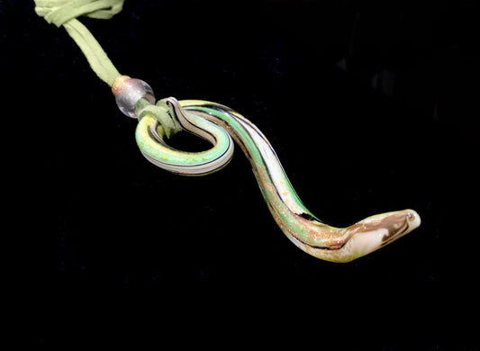 Art Glass Large 10cm Green & Gold Snake Pendant Necklace Murano Italy