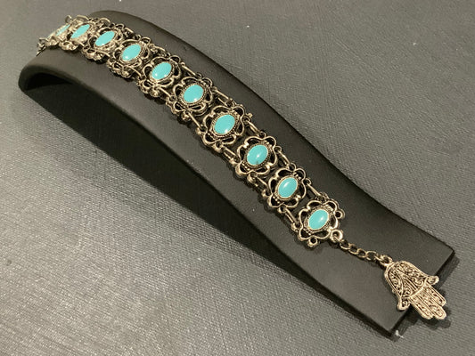 Souvenir De Tunisie Silver Tone & Turquoise Filigree Hamsa Hand Bracelet
