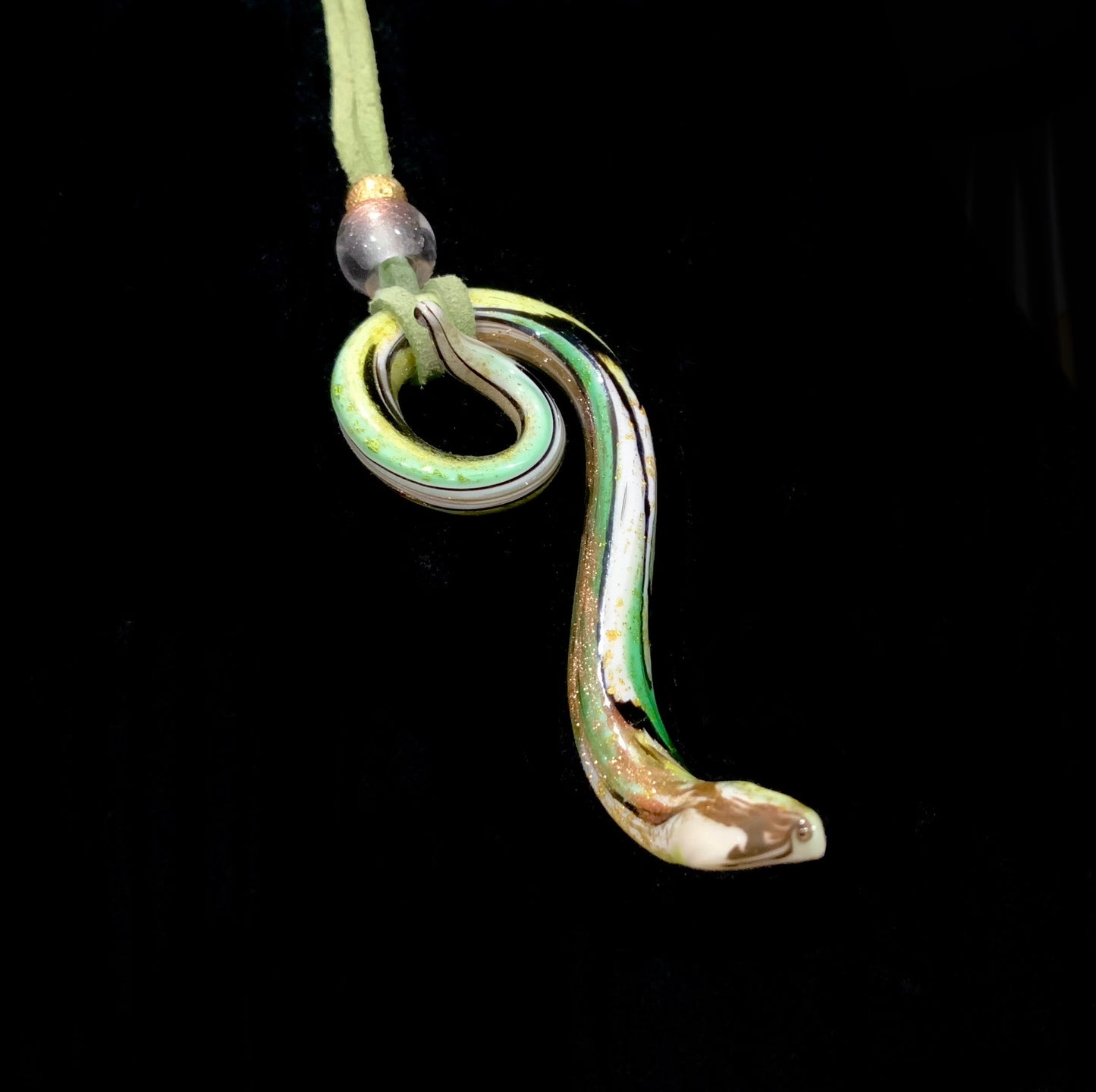 Art Glass Large 10cm Green & Gold Snake Pendant Necklace Murano Italy