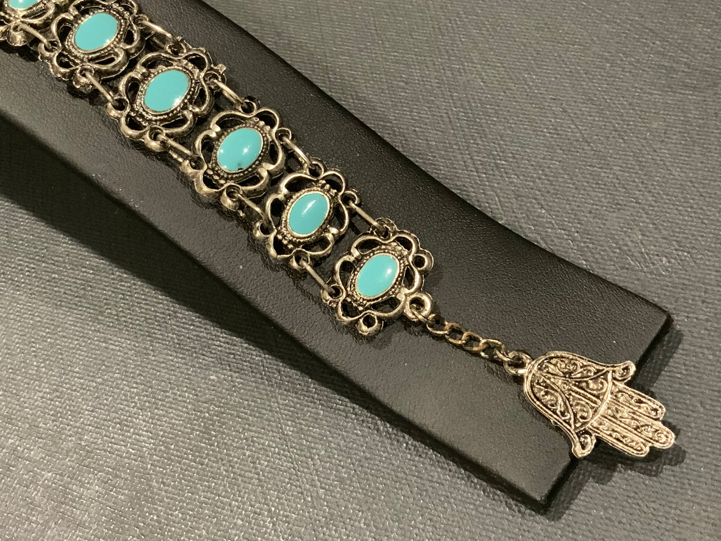 Souvenir De Tunisie Silver Tone & Turquoise Filigree Hamsa Hand Bracelet
