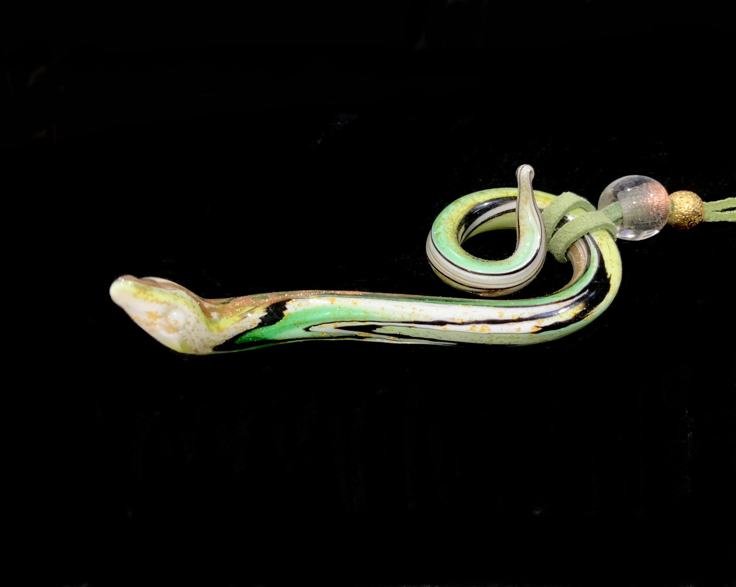 Art Glass Large 10cm Green & Gold Snake Pendant Necklace Murano Italy