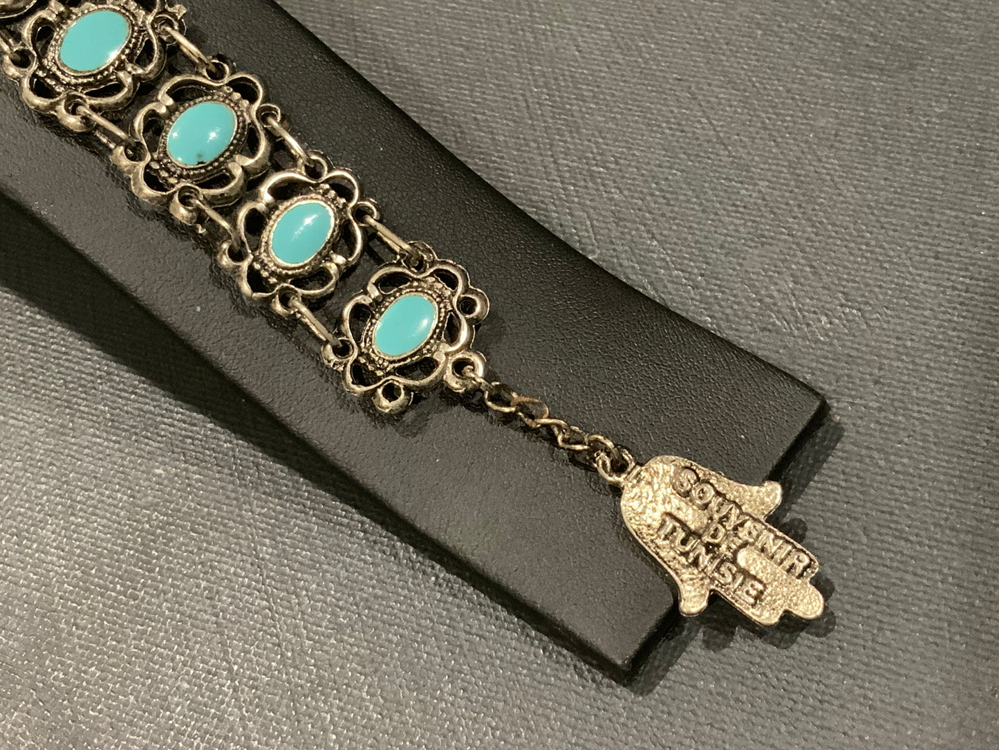 Souvenir De Tunisie Silver Tone & Turquoise Filigree Hamsa Hand Bracelet