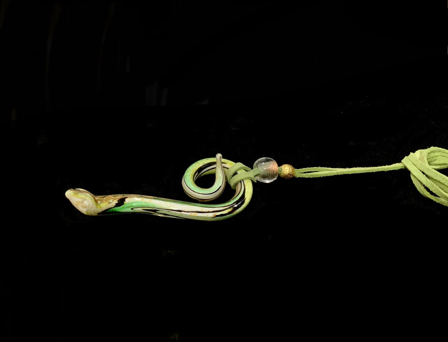 Art Glass Large 10cm Green & Gold Snake Pendant Necklace Murano Italy