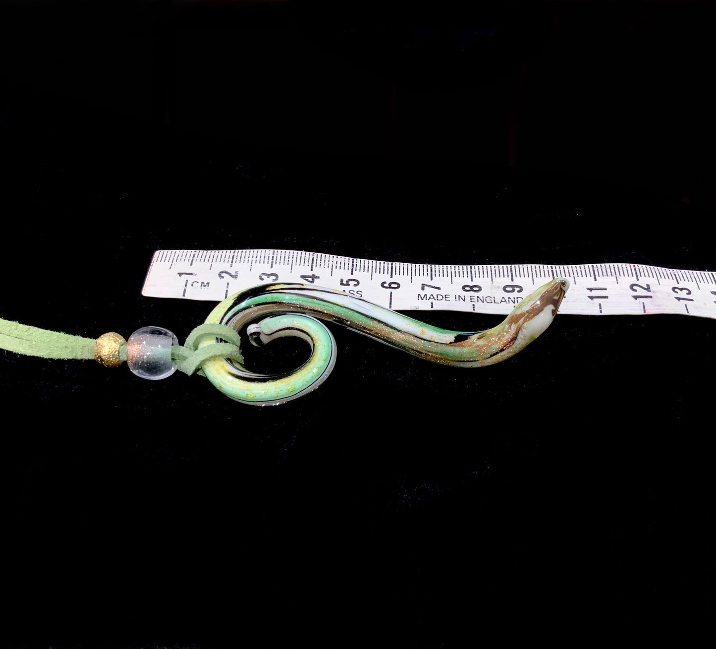 Art Glass Large 10cm Green & Gold Snake Pendant Necklace Murano Italy