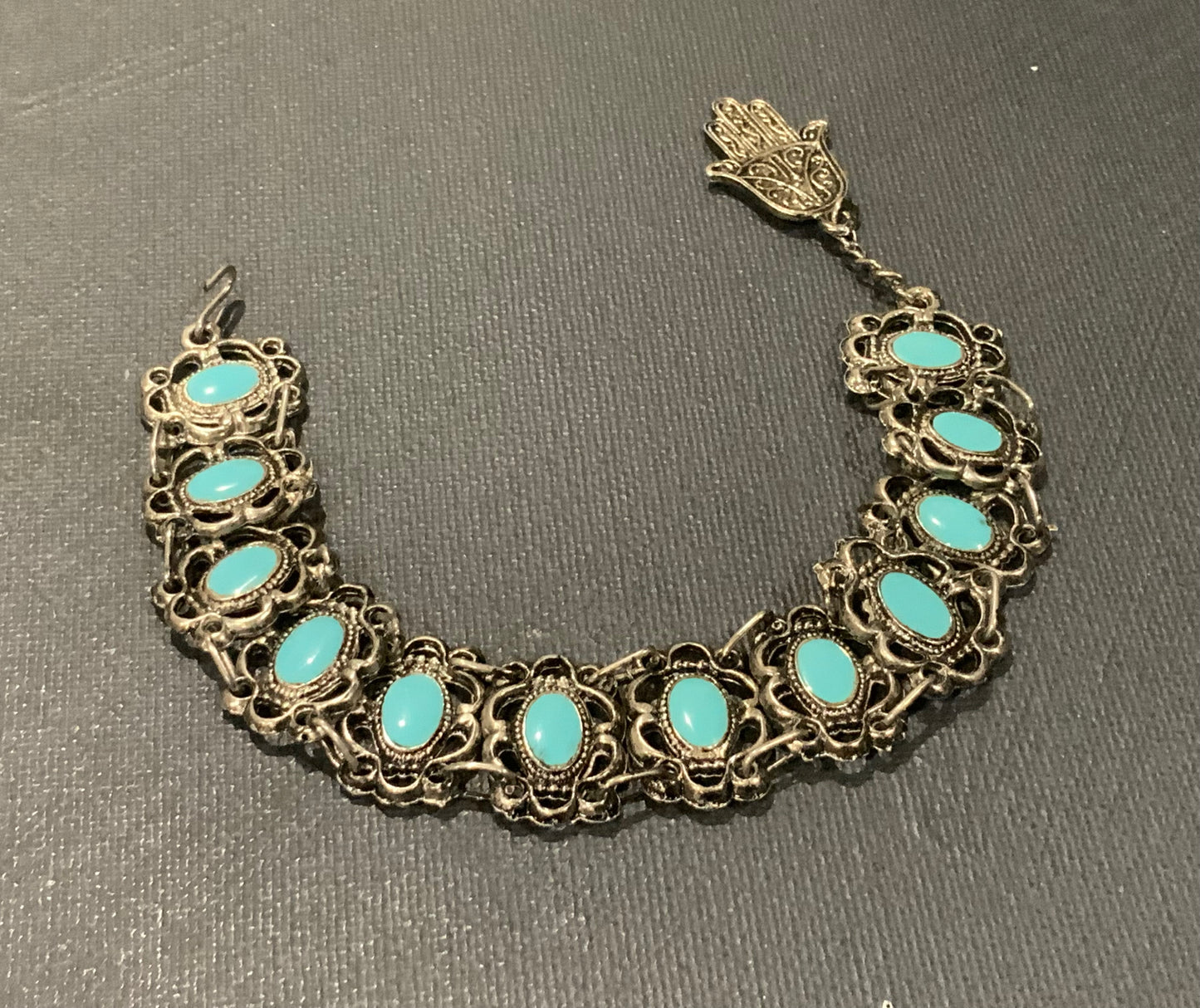 Souvenir De Tunisie Silver Tone & Turquoise Filigree Hamsa Hand Bracelet