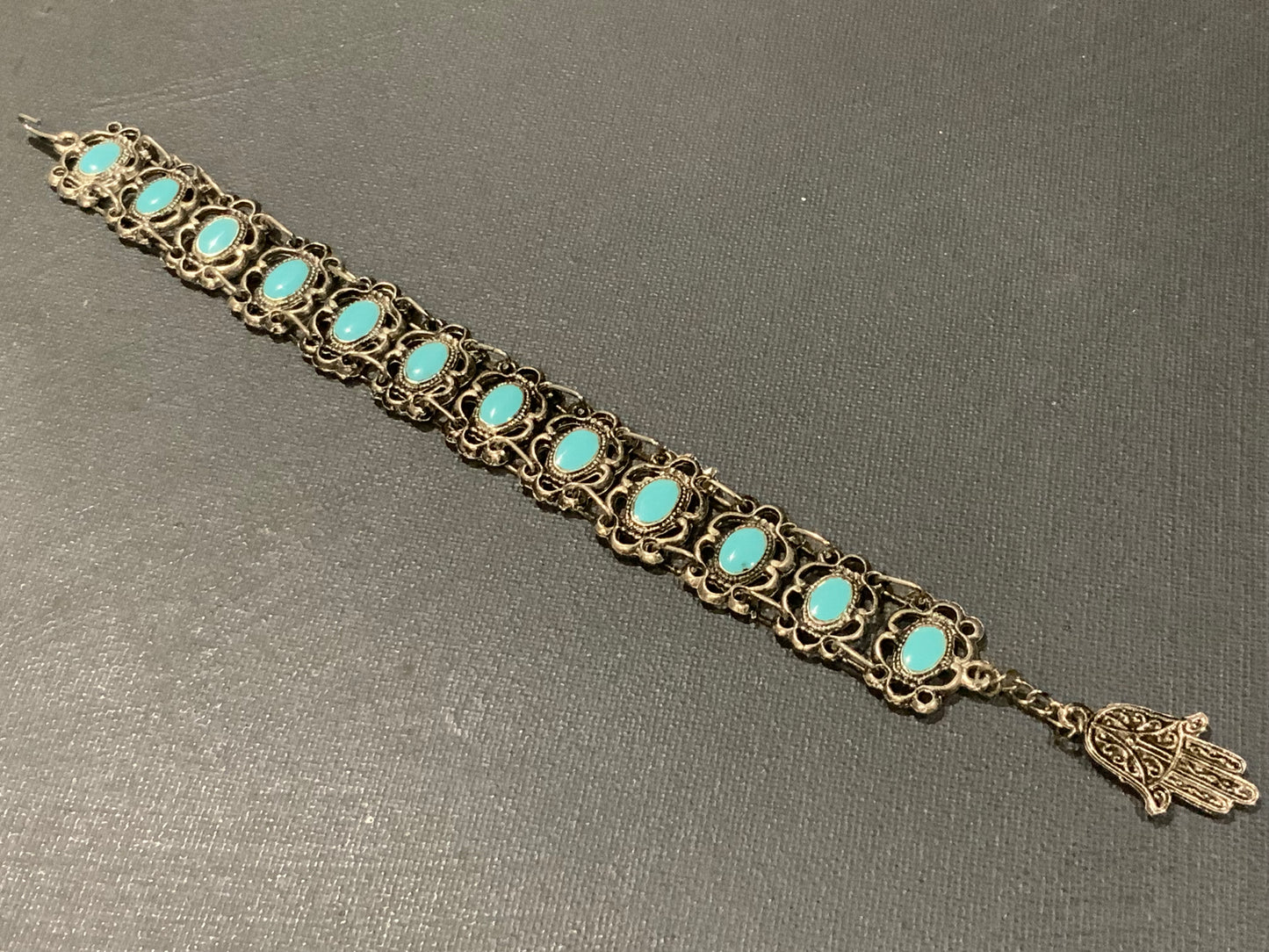 Souvenir De Tunisie Silver Tone & Turquoise Filigree Hamsa Hand Bracelet