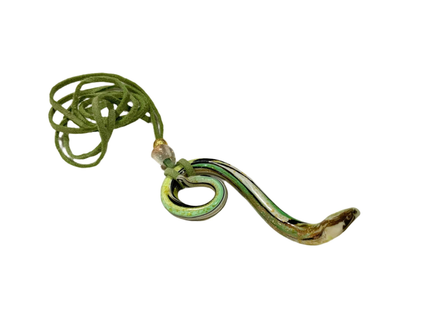 Art Glass Large 10cm Green & Gold Snake Pendant Necklace Murano Italy