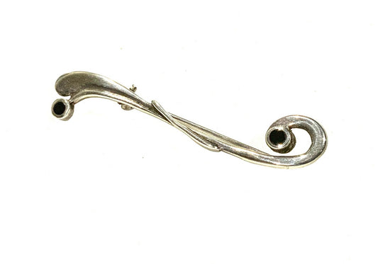 Onyx & 925 Sterling Silver Modernist Swirl Brooch