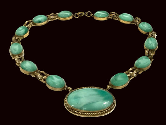 Art Deco Mint Green Glass Gilded BookChain Necklace 41cm