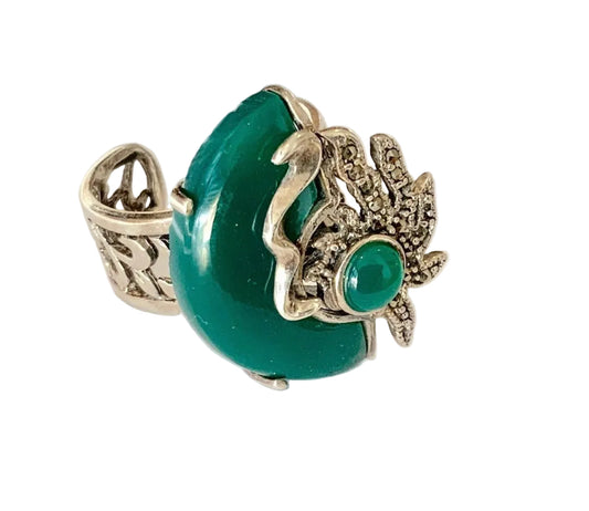 925 Sterling Silver Chrysoprase Statement Cuff Ring Modernist Abstract