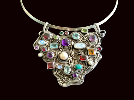 Artisan Multi Gem Pendant Choker Necklace Signed GFB 925 Sterling Silver 89 grams