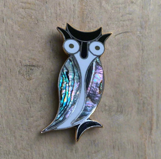 Alpaca Mexico Silver Kooky Owl Brooch Enamel & Paua Shell
