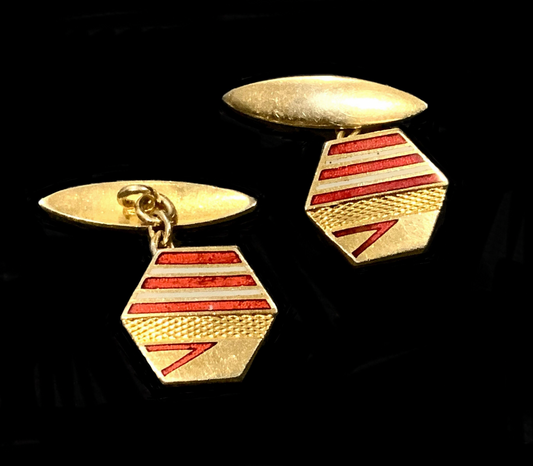 Art Deco Geometric Gold Gilt Red & White Enamel Cufflinks