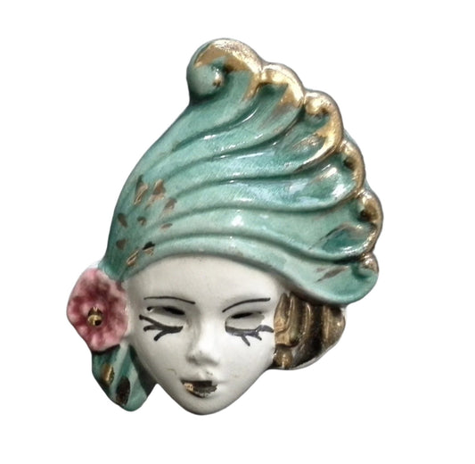 Art Deco Hand Painted Ceramic Lady Brooch