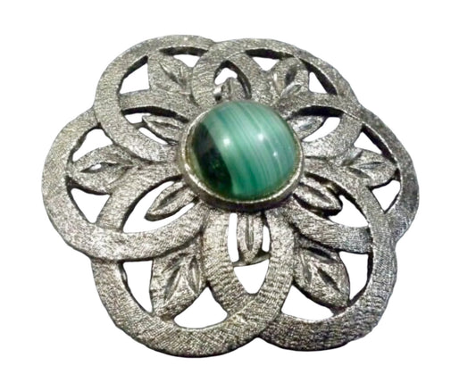 Silver Pewter Malachite Green Glass Cabochon Thistle Dress Clip Stamped SR-928