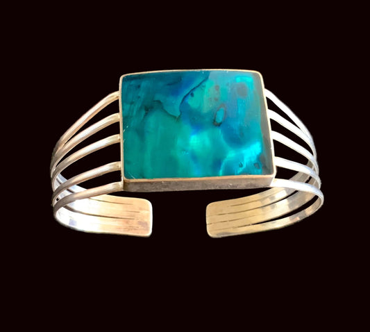 Blue Green Iridescent Paua Shell Sterling Silver Cuff Bracelet