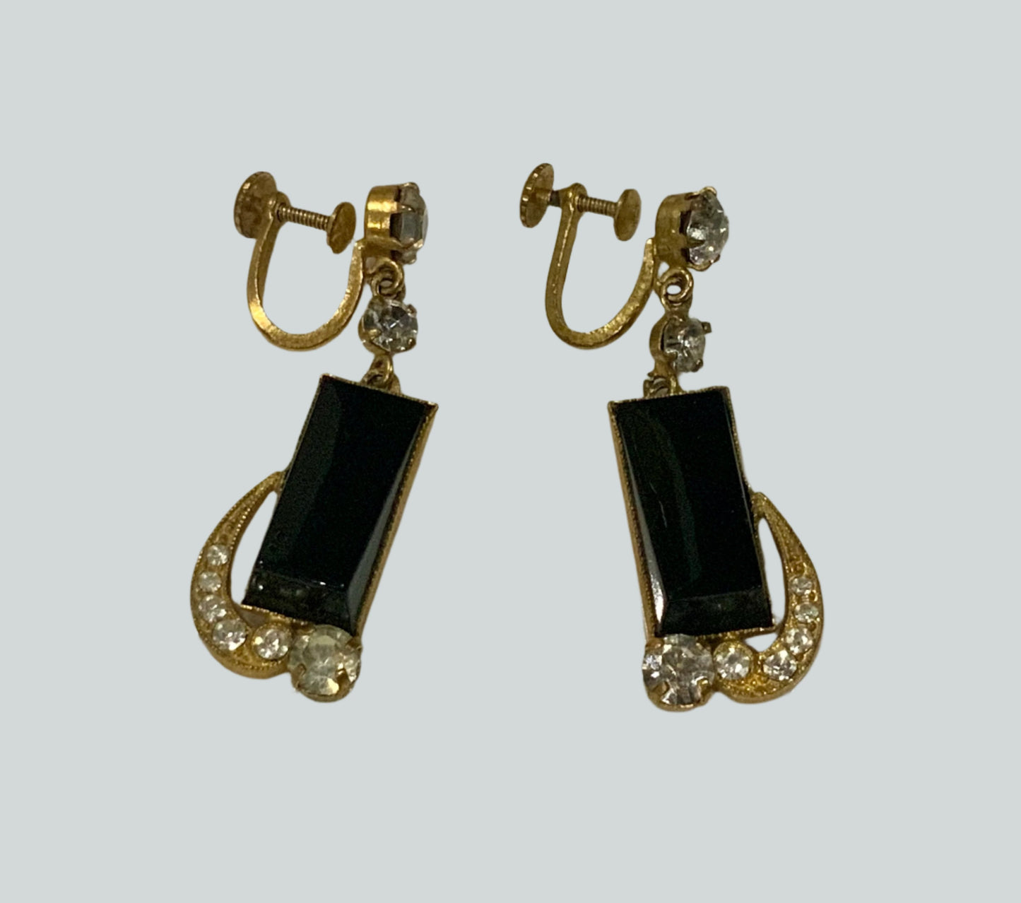 Art Deco Gold Tone & Black Glass Earrings
