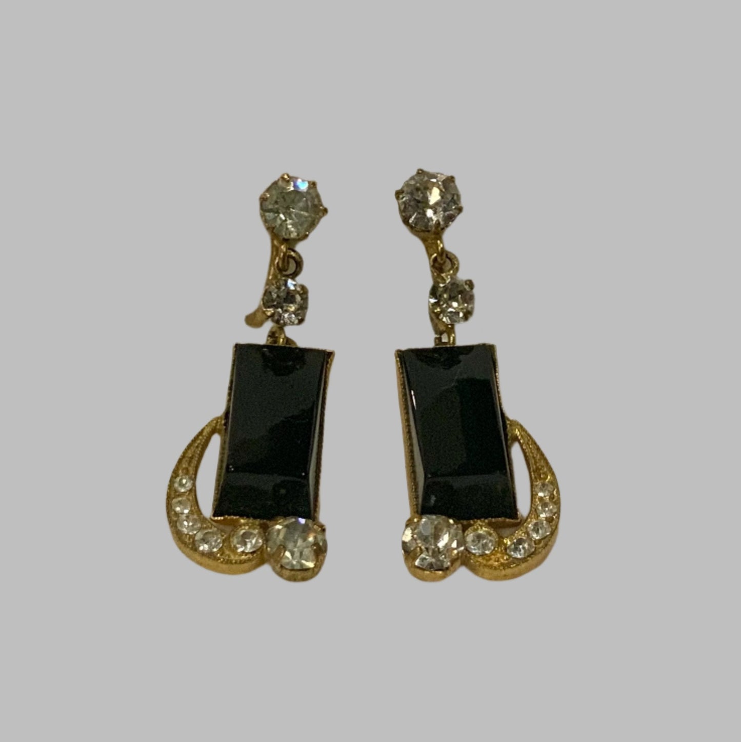 Art Deco Gold Tone & Black Glass Earrings