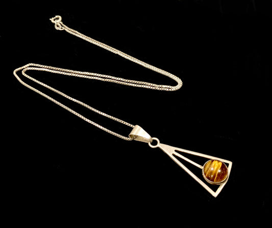 925 Sterling Silver & Tigers Eye Pendant Necklace Modernist Israel