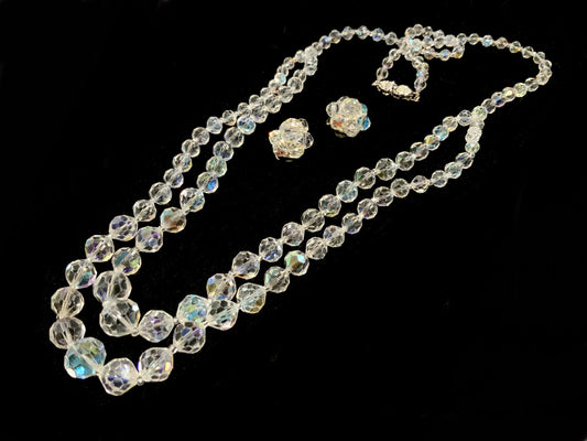 AB Crystal Necklace Opera Length & Clip Earrings