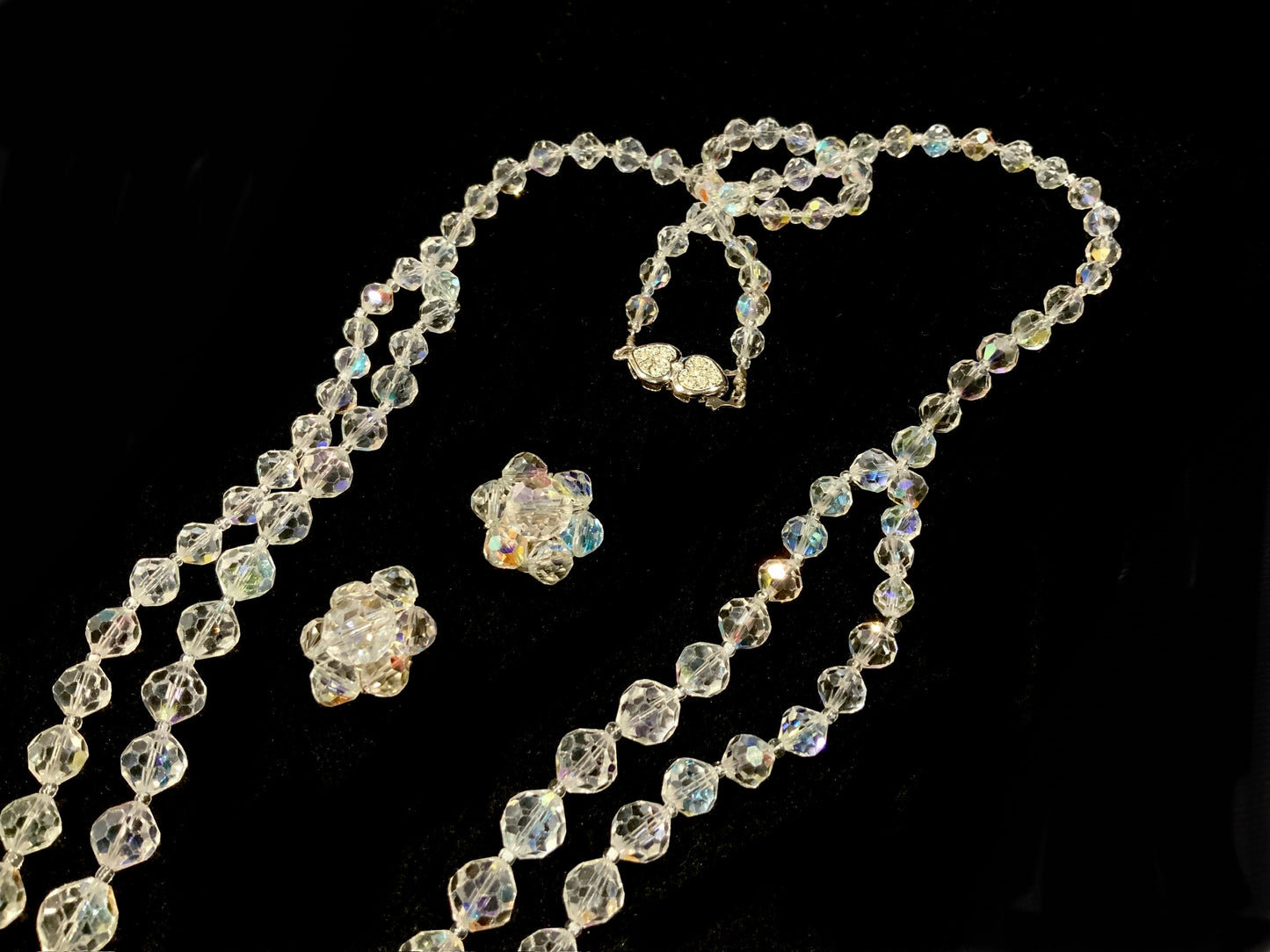 AB Crystal Necklace Opera Length & Clip Earrings