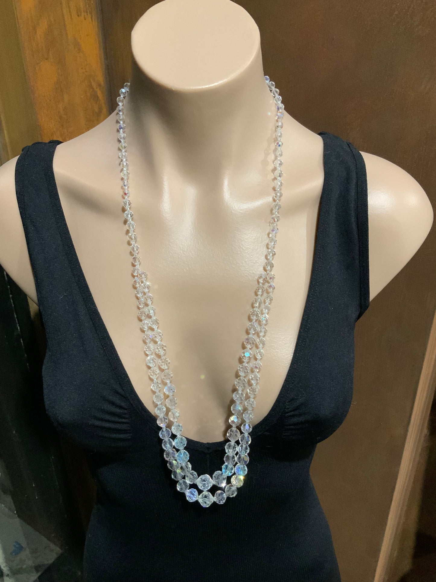 AB Crystal Necklace Opera Length & Clip Earrings
