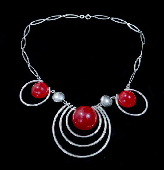Modernist Silver & Red Lucite Necklace Stamped GERMANY Metalsilver