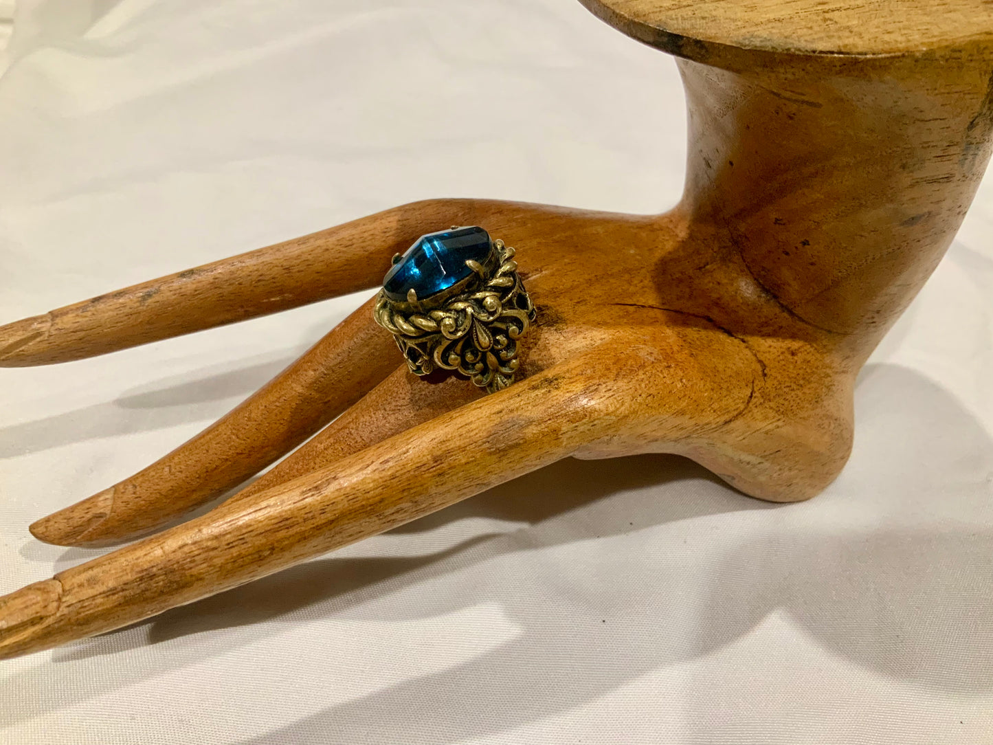 Huge Ornate Brass & Sapphire Blue Czech Glass Ring Adjustable