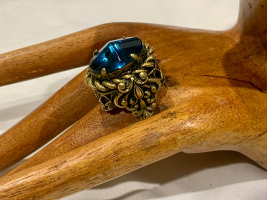 Huge Ornate Brass & Sapphire Blue Czech Glass Ring Adjustable