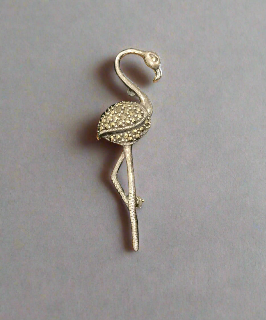 Art Deco 925 Sterling Silver Marcasite Encrusted Flamingo Brooch