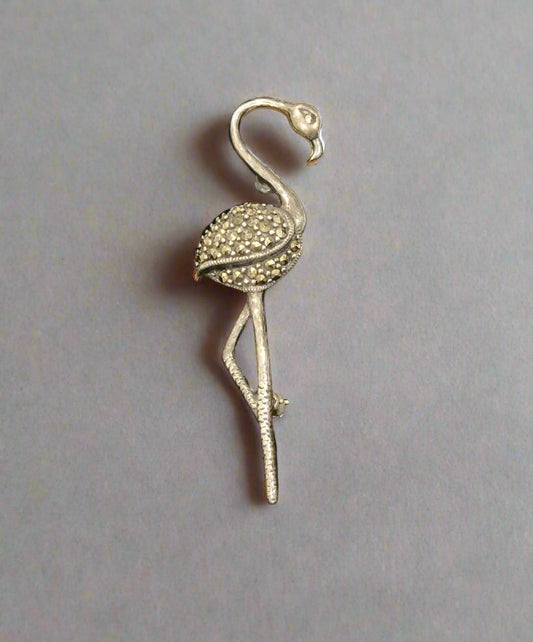 Art Deco 925 Sterling Silver Marcasite Encrusted Flamingo Brooch