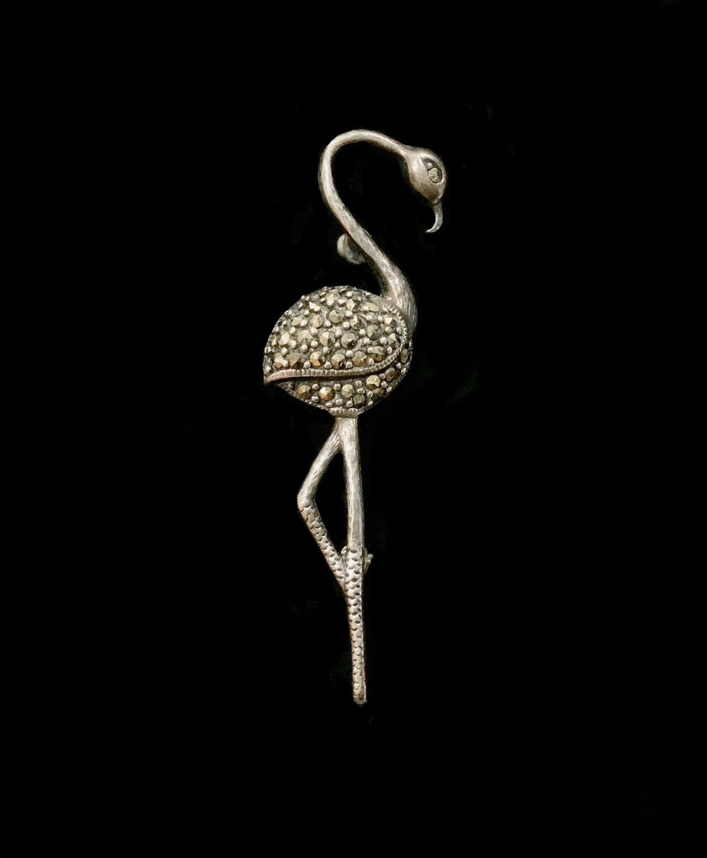 Art Deco 925 Sterling Silver Marcasite Encrusted Flamingo Brooch