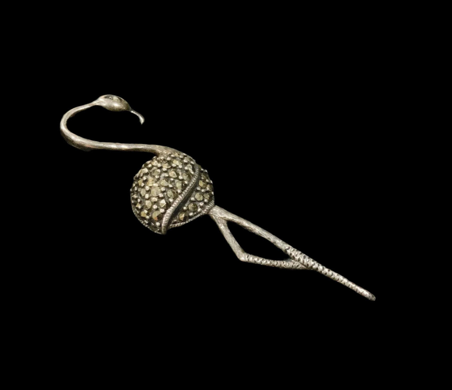 Art Deco 925 Sterling Silver Marcasite Encrusted Flamingo Brooch