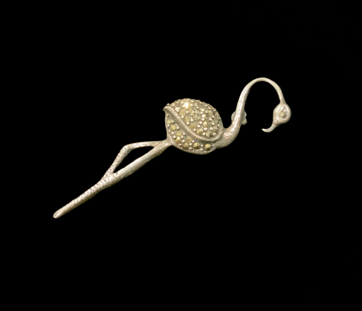 Art Deco 925 Sterling Silver Marcasite Encrusted Flamingo Brooch