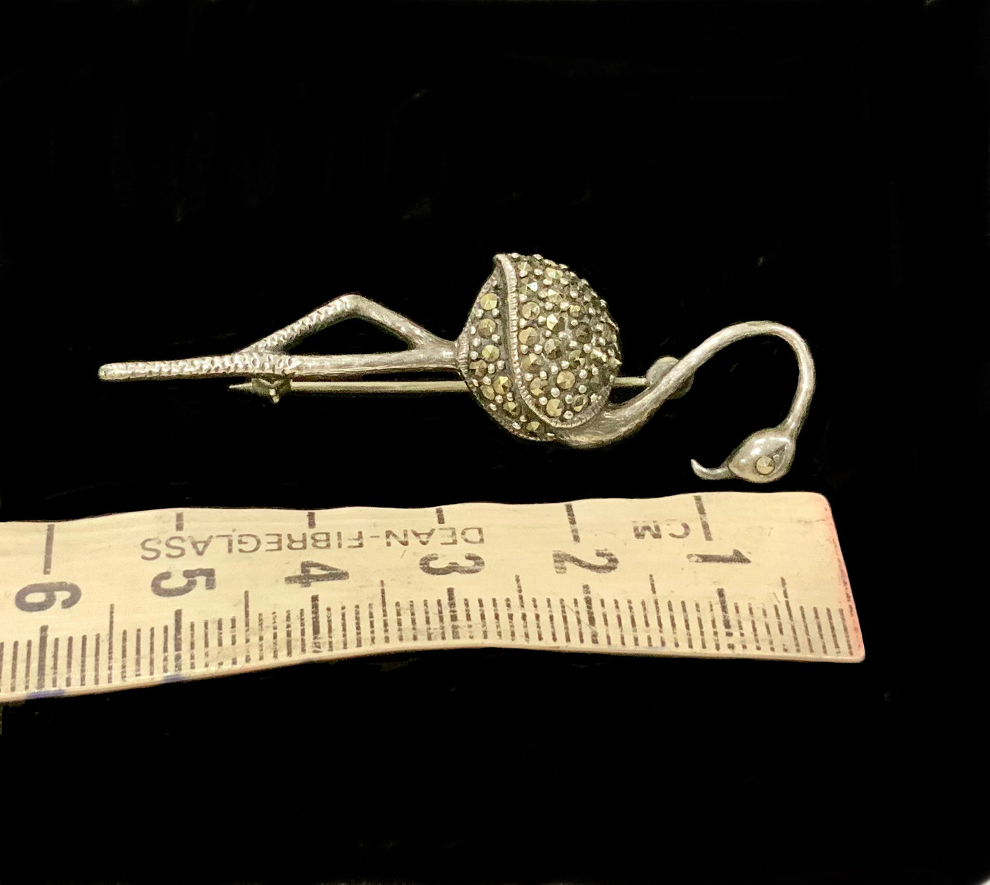Art Deco 925 Sterling Silver Marcasite Encrusted Flamingo Brooch