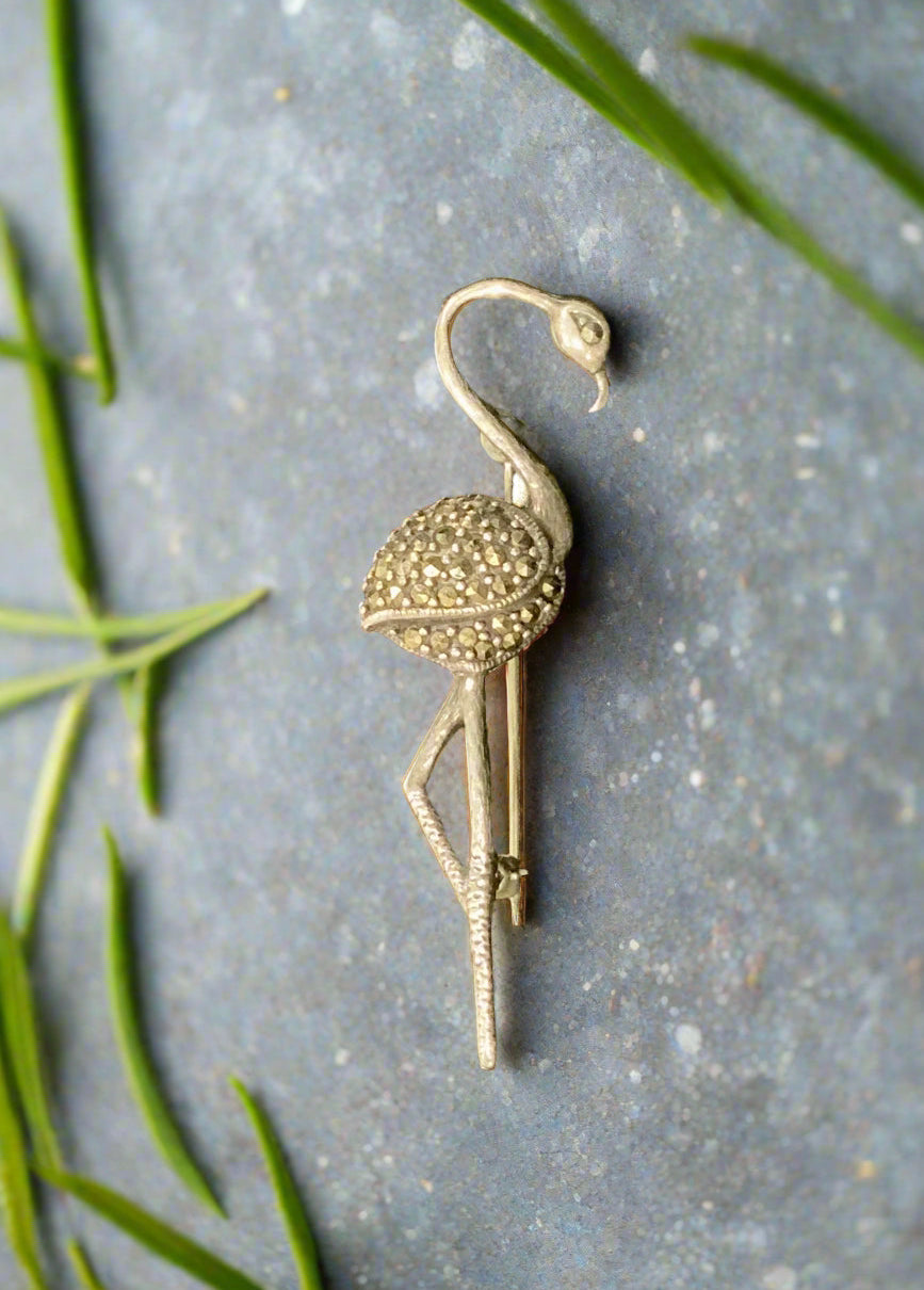 Art Deco 925 Sterling Silver Marcasite Encrusted Flamingo Brooch