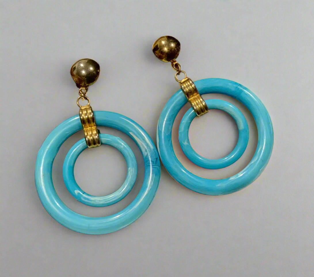 70’s Mod Pop Gold Tone & Blue Lucite Hoop Earrings 6.5cm
