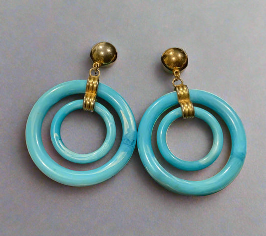 70’s Mod Pop Gold Tone & Blue Lucite Hoop Earrings 6.5cm
