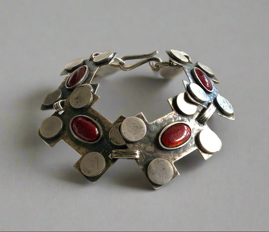 Mid Century Modern Silver Metal & Enamel Panel Link Bracelet 19cm