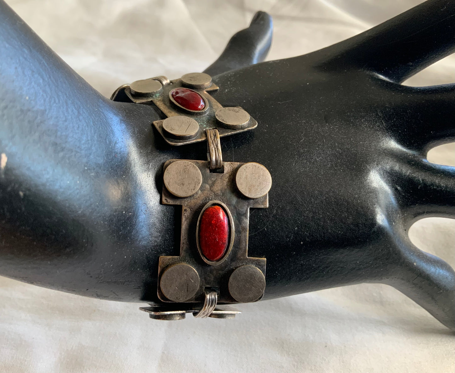 Mid Century Modern Silver Metal & Enamel Panel Link Bracelet 19cm