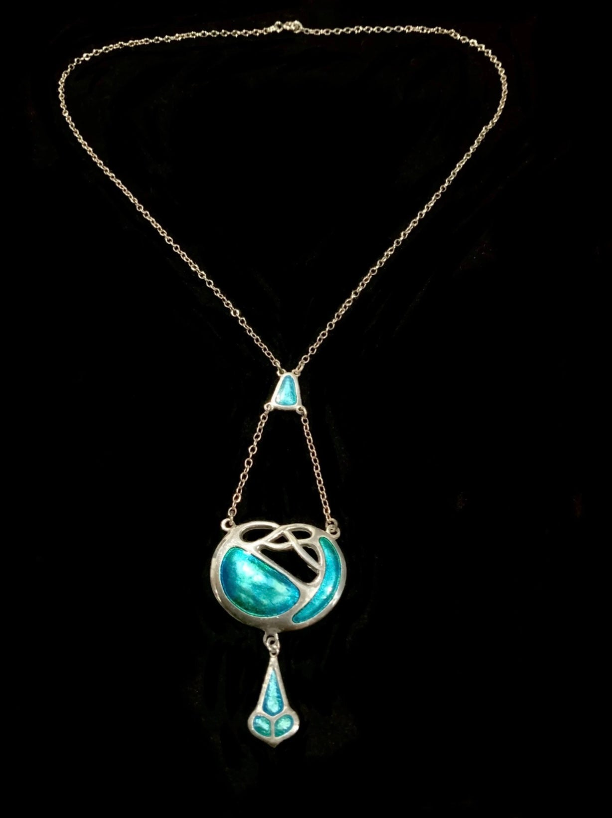 Antique Charles Horner Art Nouveau Turquoise Enamel & Sterling Silver Lavalier Necklace