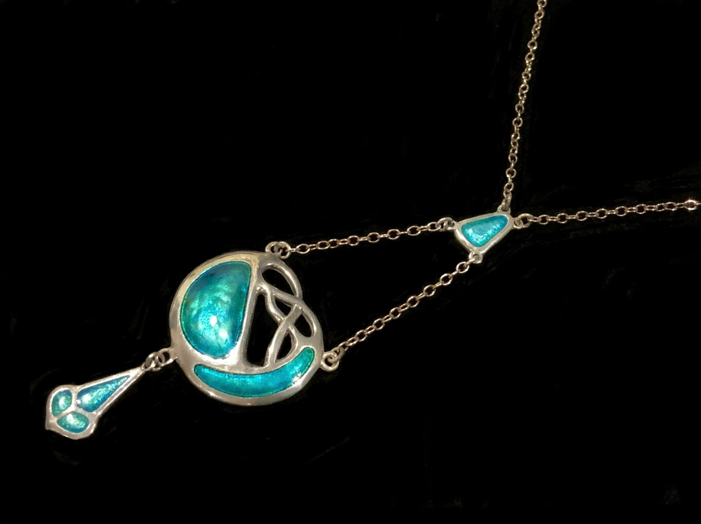Antique Charles Horner Art Nouveau Turquoise Enamel & Sterling Silver Lavalier Necklace