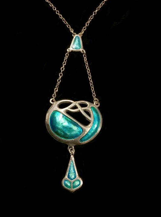 Antique Charles Horner Art Nouveau Turquoise Enamel & Sterling Silver Lavalier Necklace