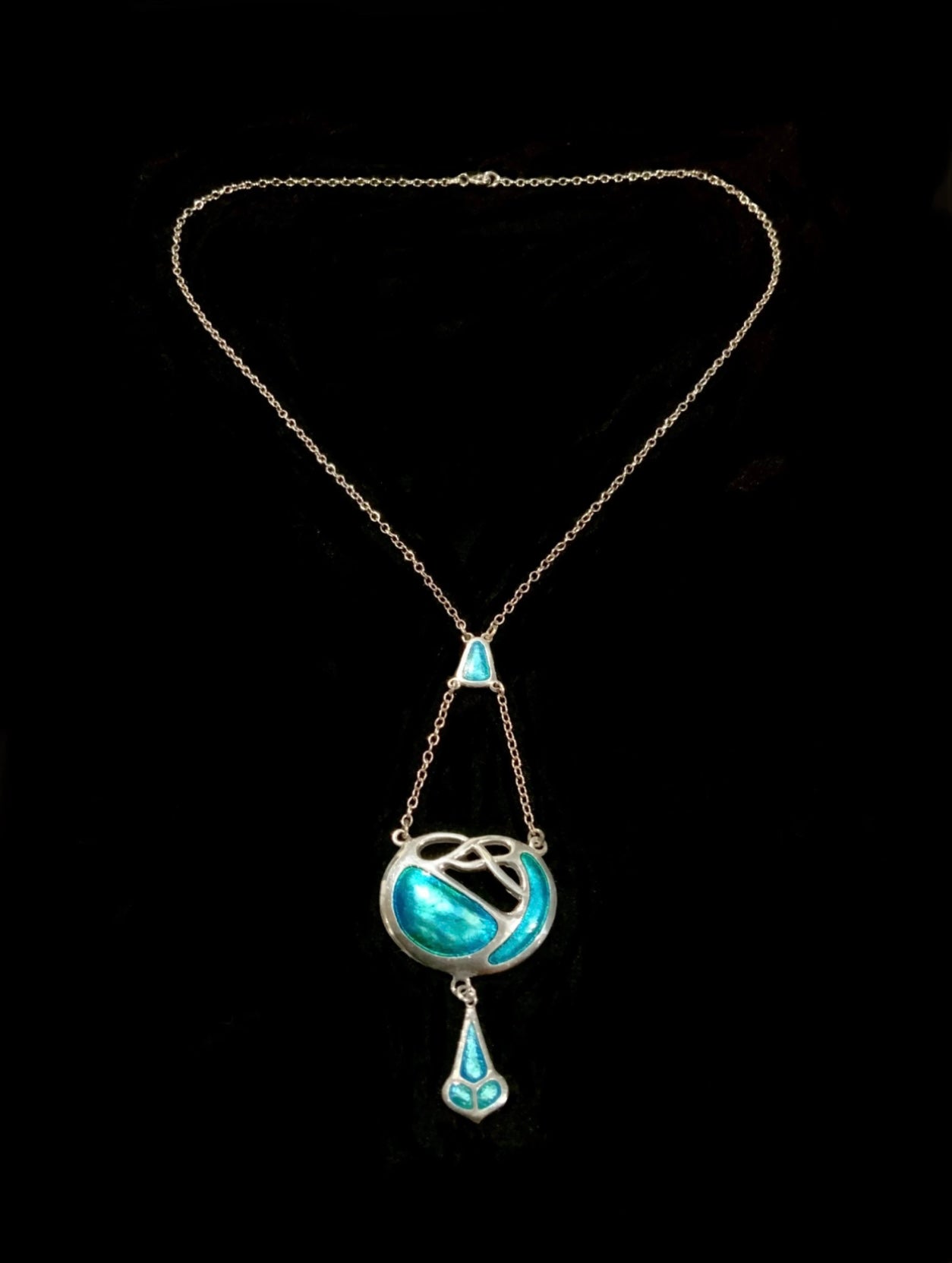 Antique Charles Horner Art Nouveau Turquoise Enamel & Sterling Silver Lavalier Necklace
