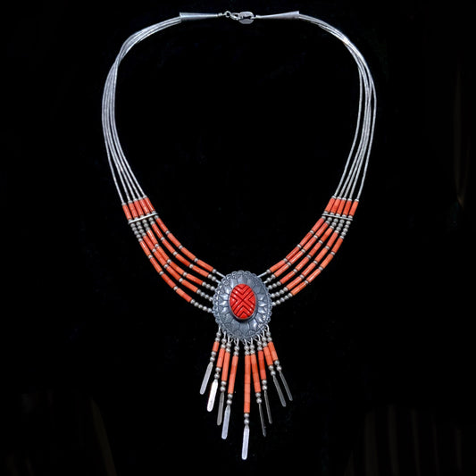Vintage QT Quoc Trading Red Coral 925 Sterling Necklace