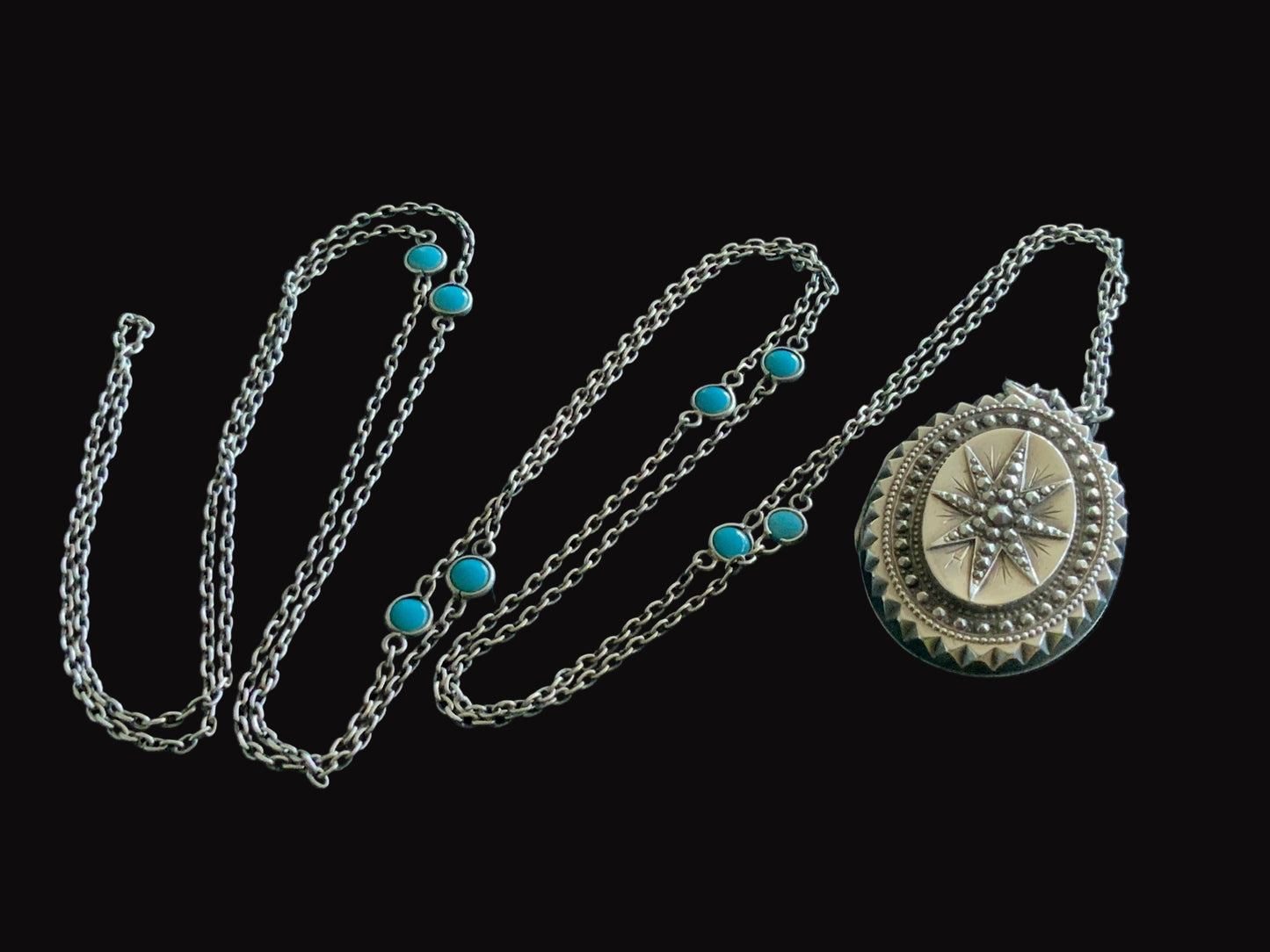 Antique 1876 T&Co Victorian North Star Locket Pendant Sterling Silver 925 Turquoise Longuard Necklace