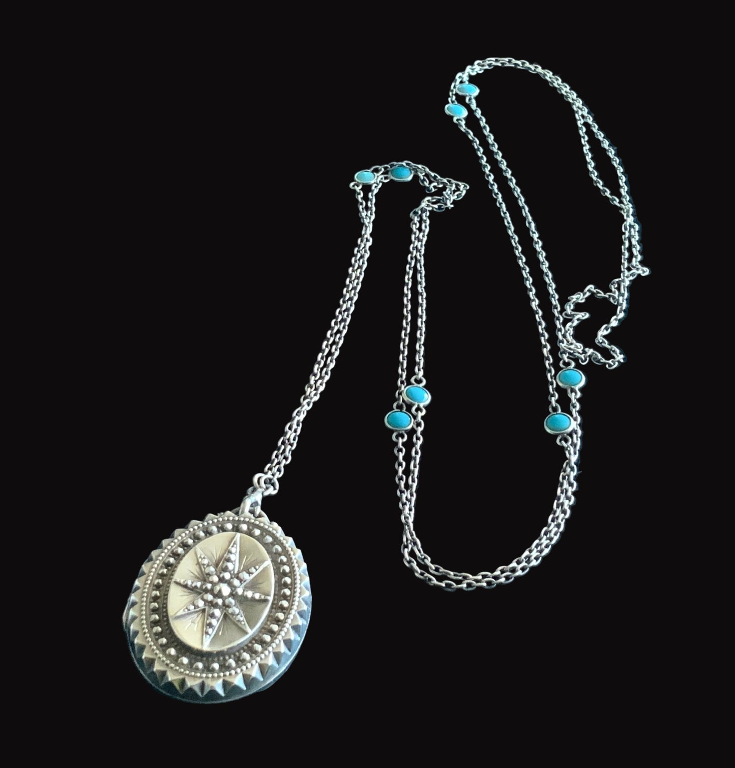 Antique 1876 T&Co Victorian North Star Locket Pendant Sterling Silver 925 Turquoise Longuard Necklace